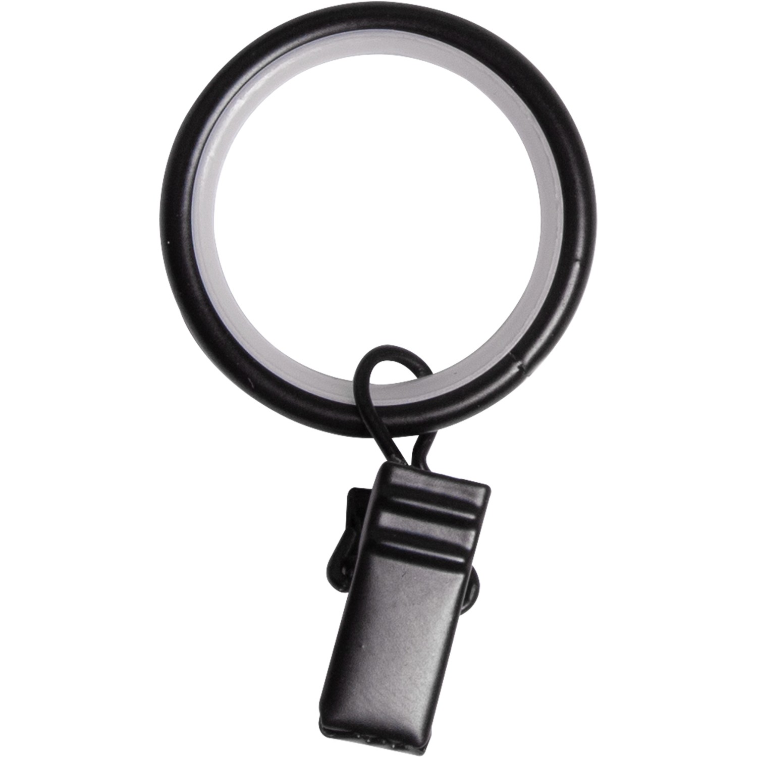 Schwarzer Gardinenring mit Klammer, Ø 19 mm, für Gardinenstangen.