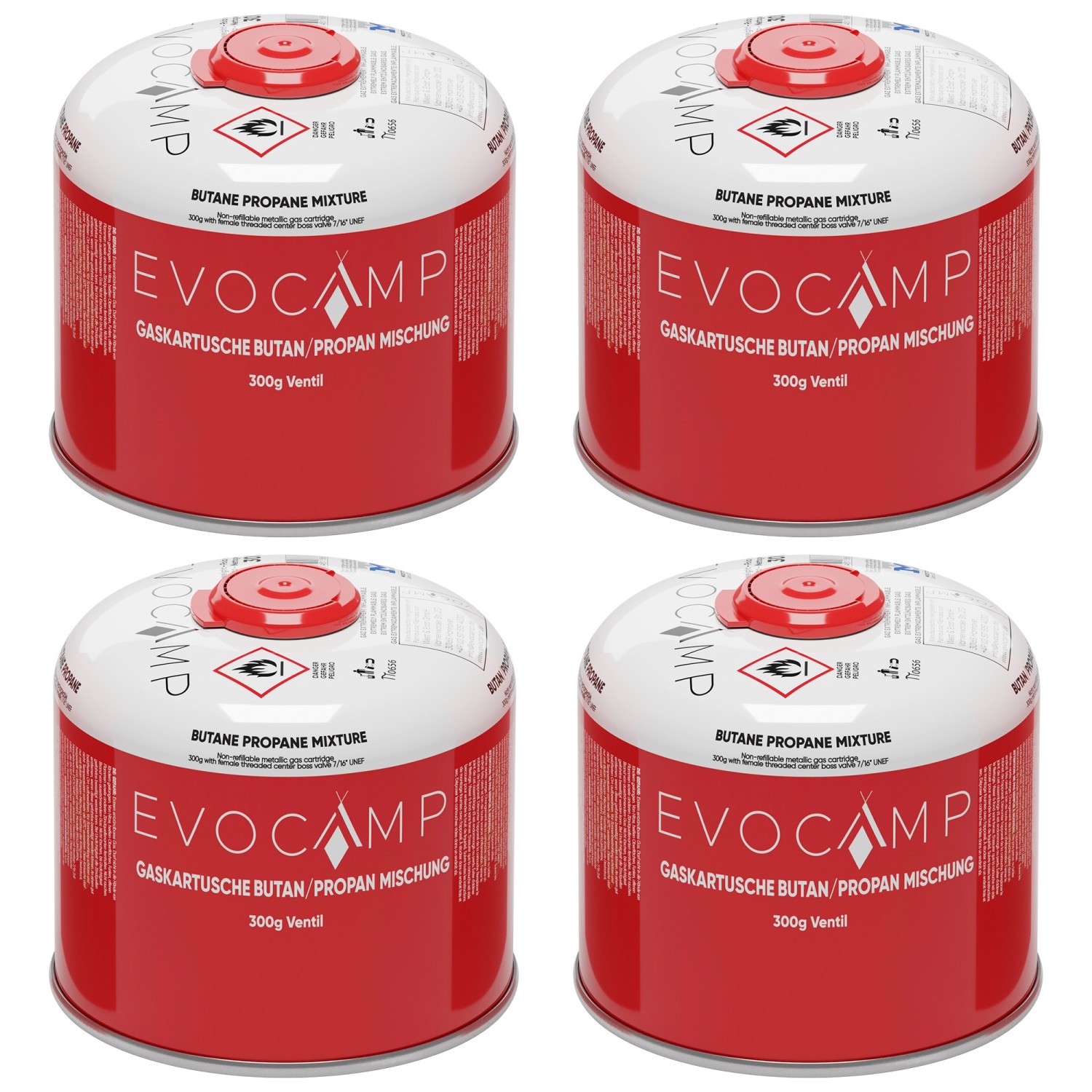 Evocamp Gaskartusche 4 Stück 300g Butan Propan Schraubventil für Camping Weber Q100