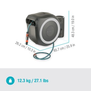 Gardena Wand-Schlauchbox Roll Up L, weiße Schlauchtrommel mit 30 m Gartenschlauch und Wandhalterung.