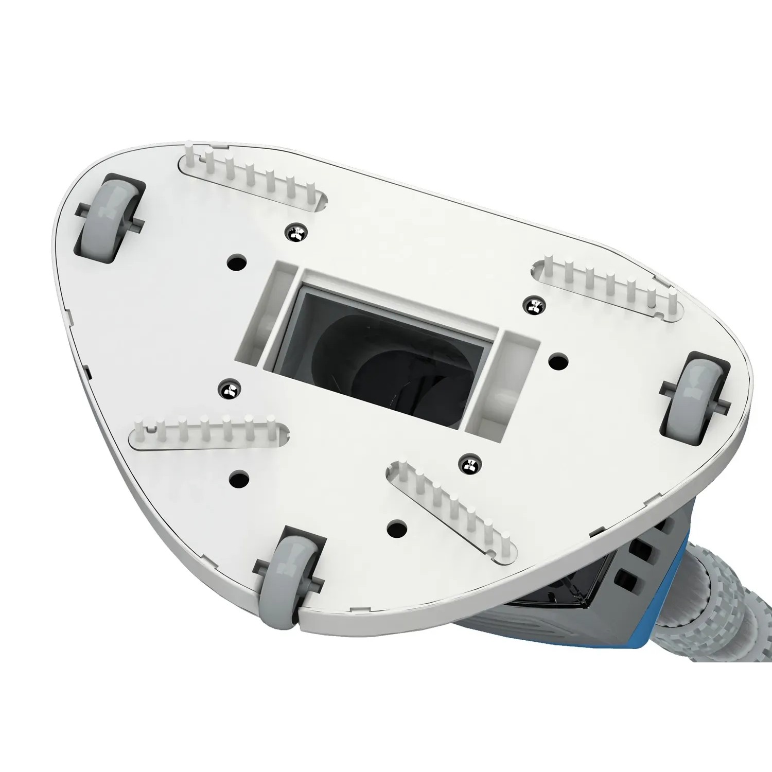 Unterseite des Summer Fun Orca 020H Poolroboters mit Rädern und Bürsten.