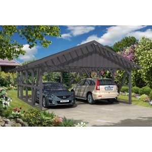 Grauer Skan Holz Carport Schwarzwald mit Dachlattung und Rückwand für zwei Autos.