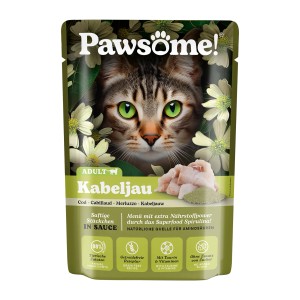 Pawsome Katzen-Nassfutter Adult Kabeljau, 85g Packung mit Fischstückchen in Sauce.