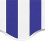 Blau-weiß gestreifte DELUKE Markisenbespannung mit Volant. Wasserabweisender Polyester Markisenstoff für Terrassen.