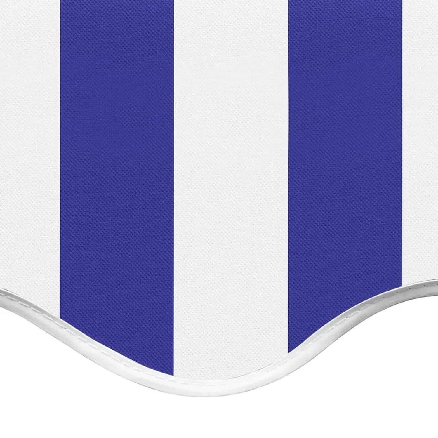 Blau-weiß gestreifte DELUKE Markisenbespannung mit Volant. Wasserabweisender Polyester Markisenstoff für Terrassen.