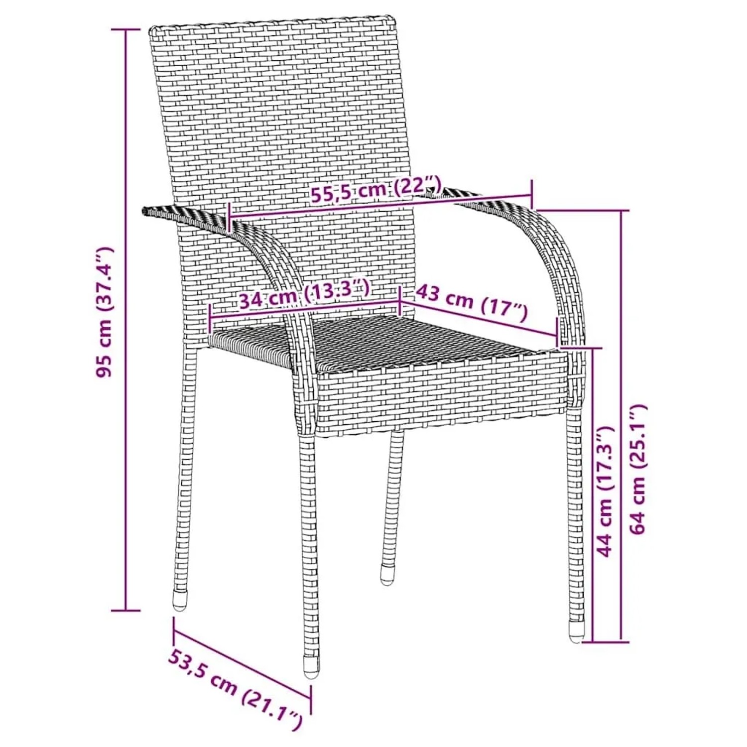 Abbildung eines grauen, stapelbaren Furnicato Gartenstuhls aus Polyrattan mit Maßangaben.
