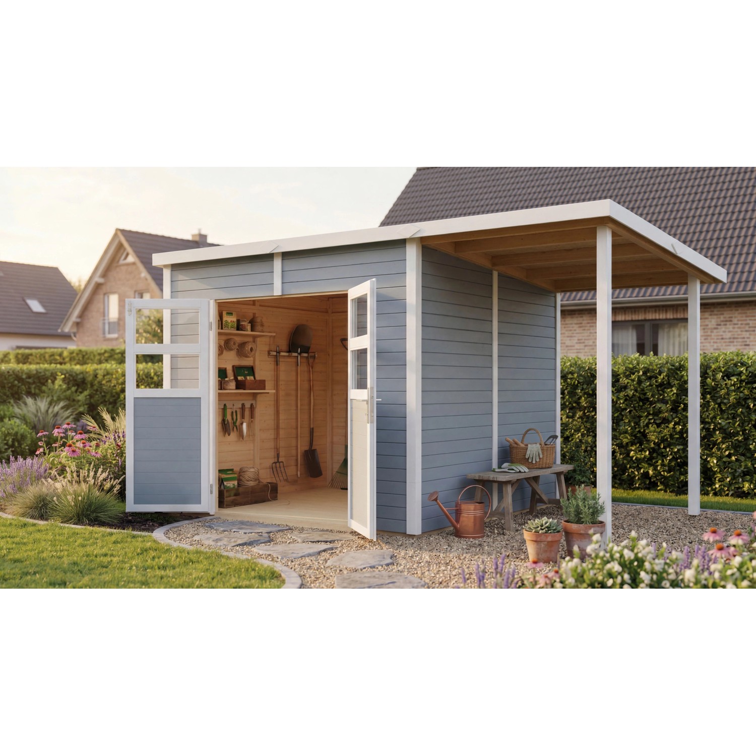 Bertilo Holz-Gartenhaus Felix 3 PLUS XL GREY Flachdach Lasiert 176 cm x 116 cm