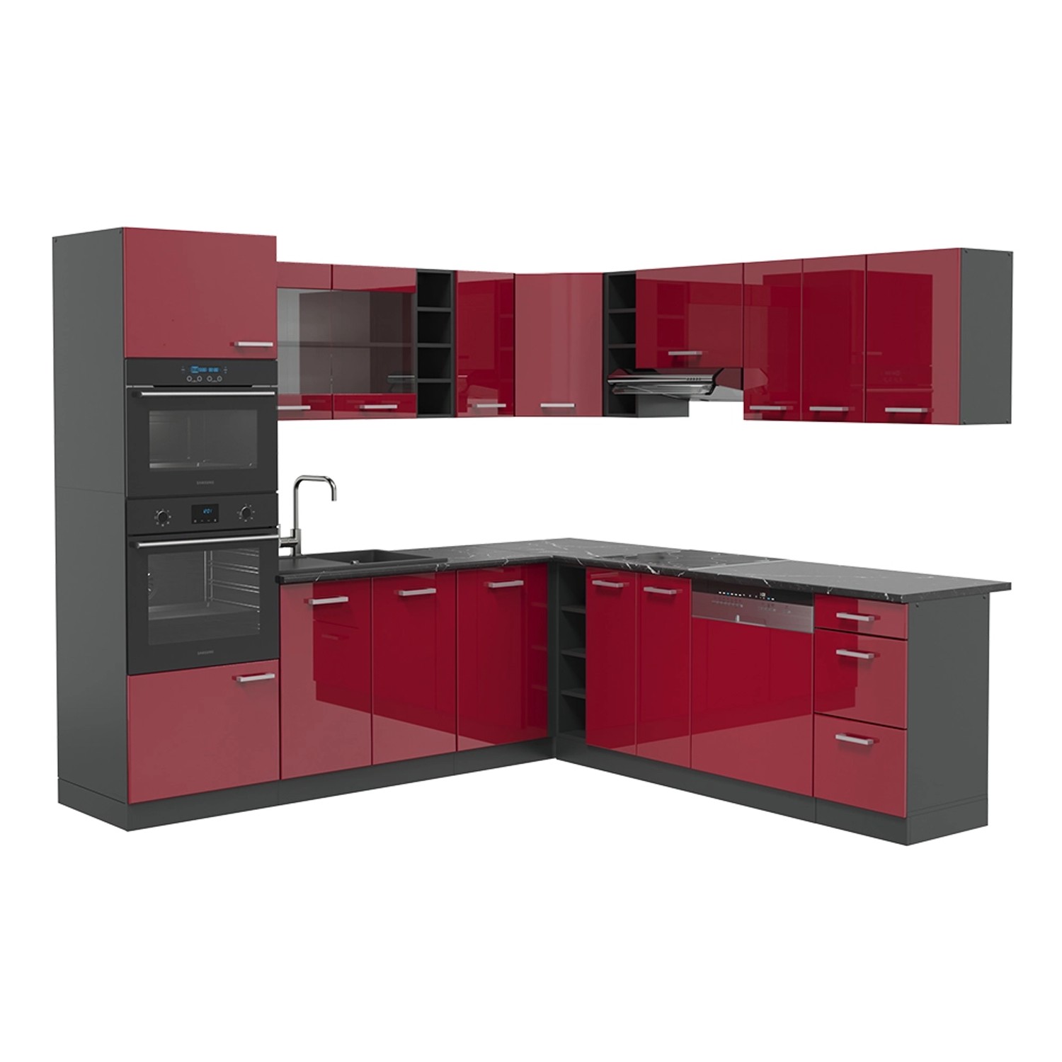 Vicco R-Line Eckküche Bordeaux Hochglanz/Anthrazit 237 x 247 cm AP Anthrazi günstig online kaufen