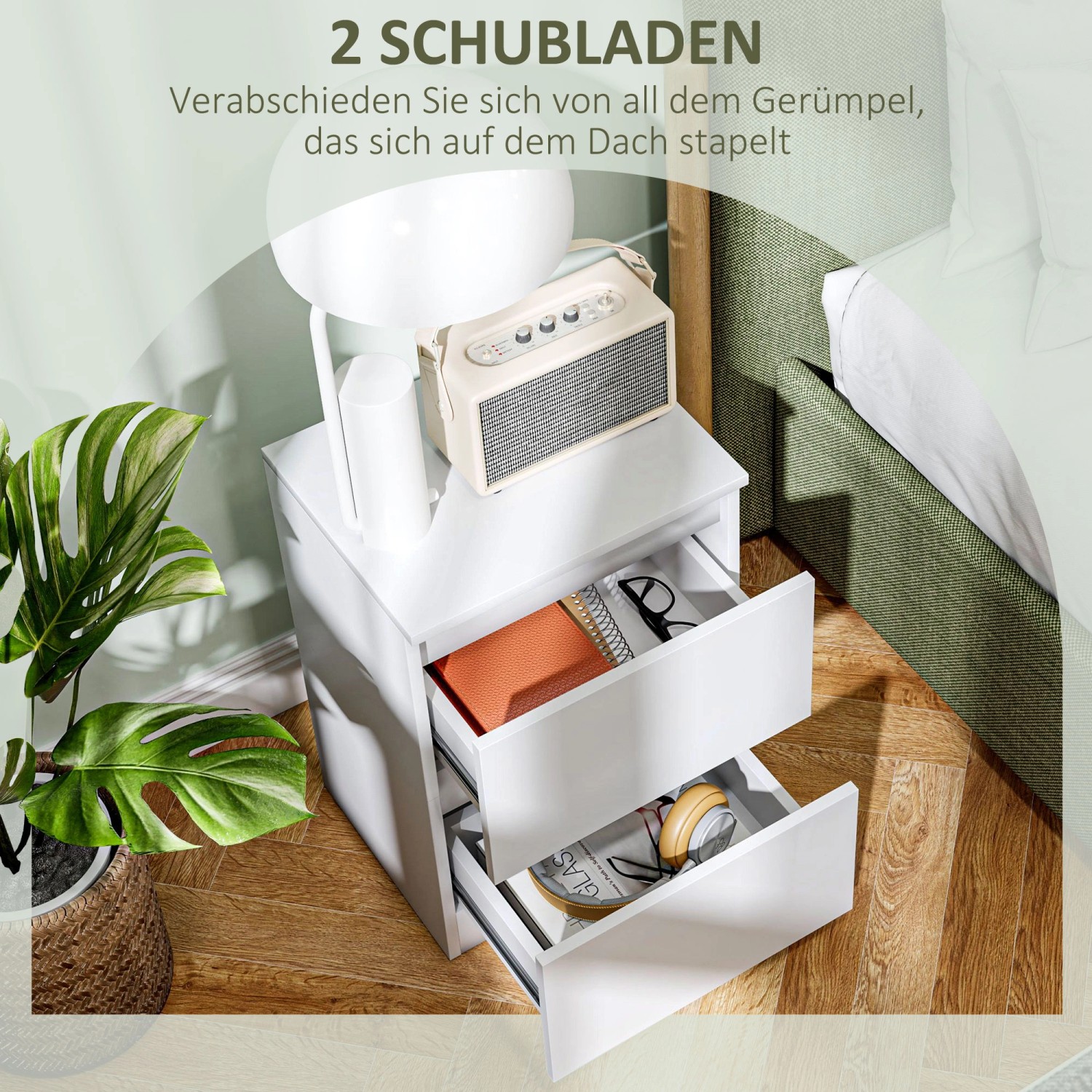 HOMCOM Nachttisch in Weiß mit zwei offenen Schubladen für Schlafzimmer oder Wohnzimmer.