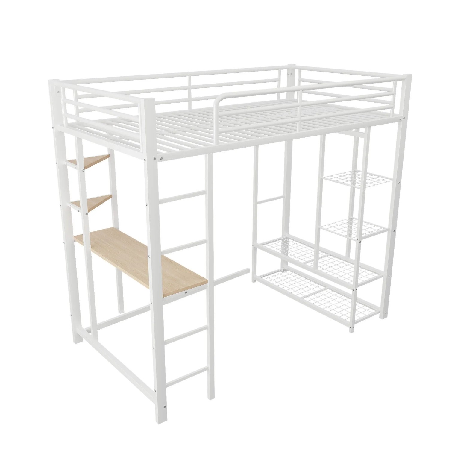 okwish Hochbett 90x200cm mit Leiter Tisch Ablagefächern Kinderzimmer Weiß ohne Matratze