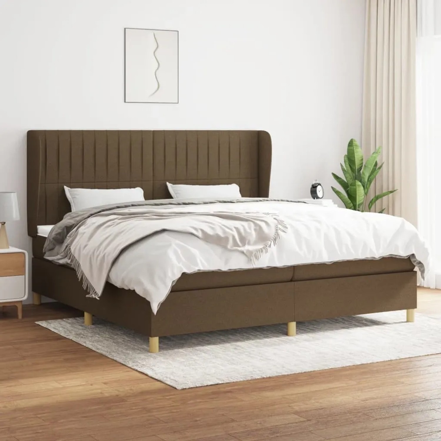 Dunkelbraunes vidaXL Boxspringbett 200x200 cm mit Matratze und hohem Kopfteil.