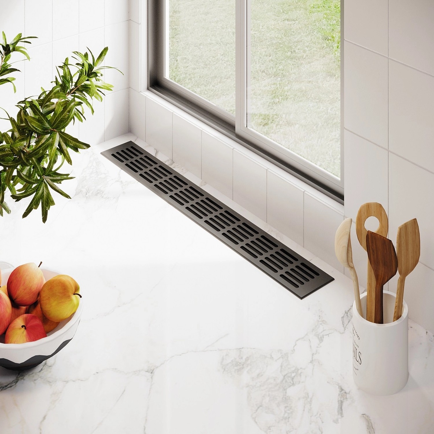 Anthrazitfarbenes MS Beschläge Alu-Lüftungsgitter 80x400 mm im modernen Bad.