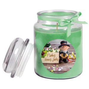 Grüne HS Candle Duftkerze Neujahr im Glas mit Schornsteinfeger-Motiv und Schleife.