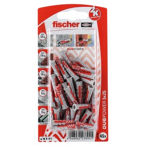 Fischer Dübel DuoPower 5x25 mm, 45 Stück, rot/grau, für sichere Befestigungen in Voll- und Lochbaustoffen.