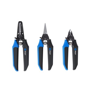 iFixit Zangen-Set Mandible, 3-teilig: Abisolier-, Seitenschneider- und Spitzzange mit blau-schwarzen Griffen.