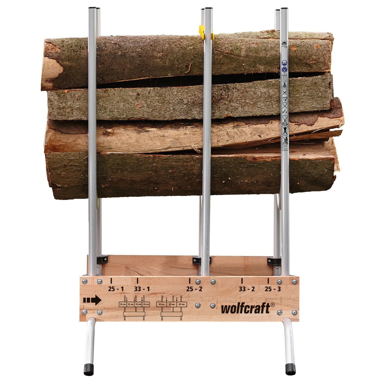 wolfcraft Sägebock FSC® mit Holzstamm, klappbar und standsicher.