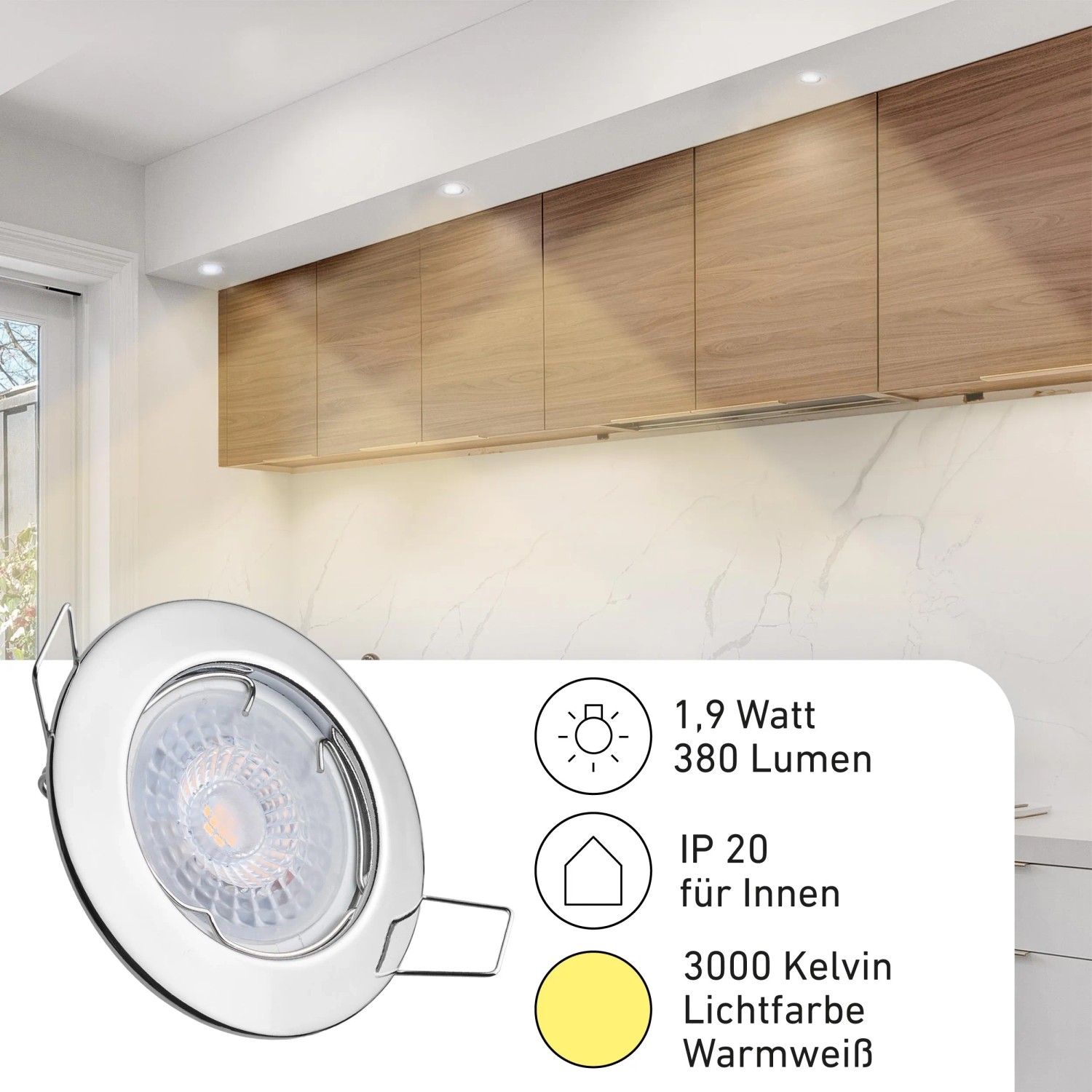 6er Set LED Einbauspot Sedan, Chromoptik, warmweißes Licht (3000K), 1,9W, für Deckenmontage