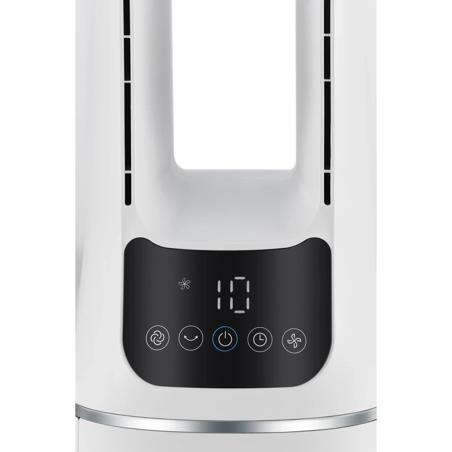 Detailansicht: Weißer Midea Turmventilator mit Display und Bedienelementen.