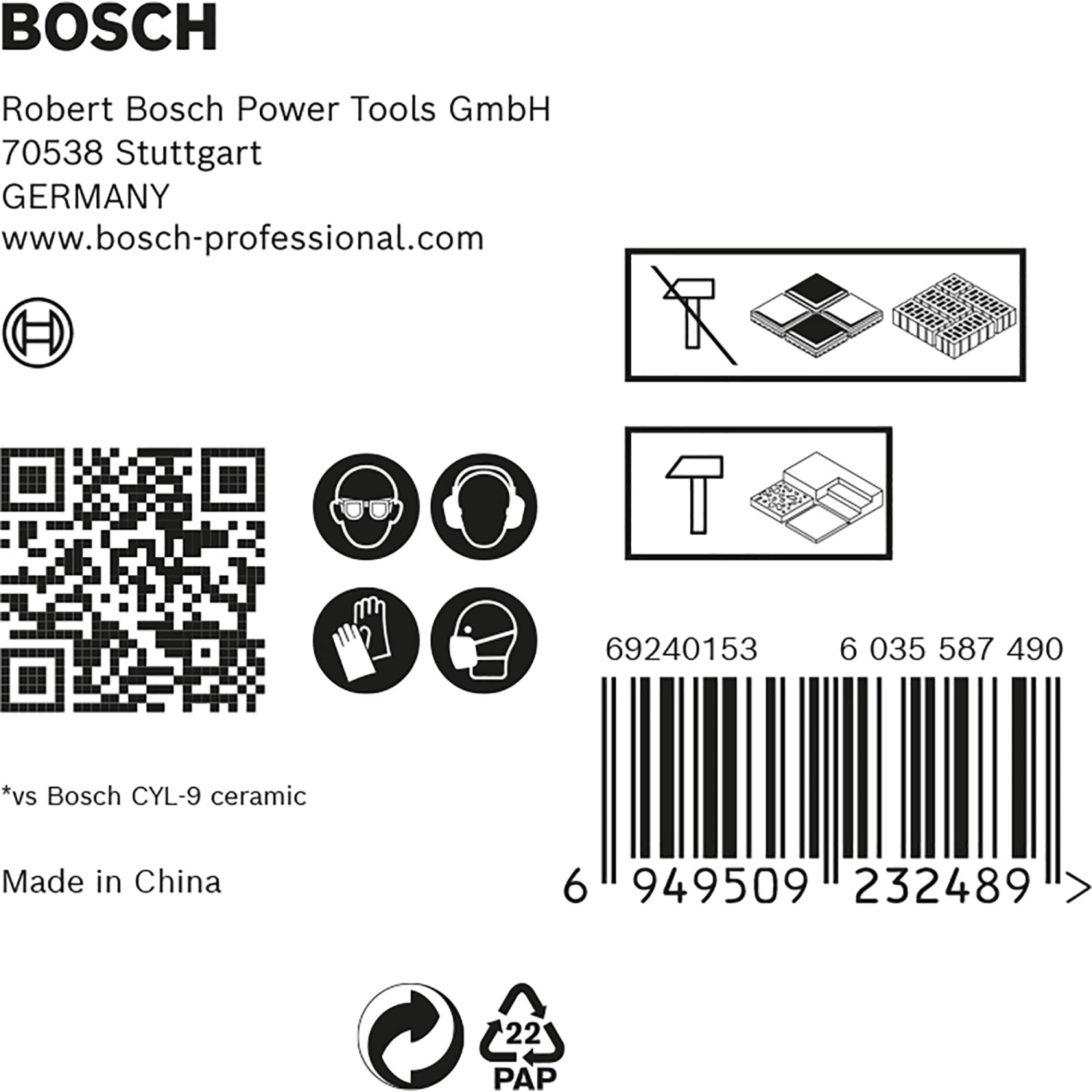 Verpackung Bosch Expert Hard Keramik Bohrer-Set Hex-9 mit Symbolen und Barcode.