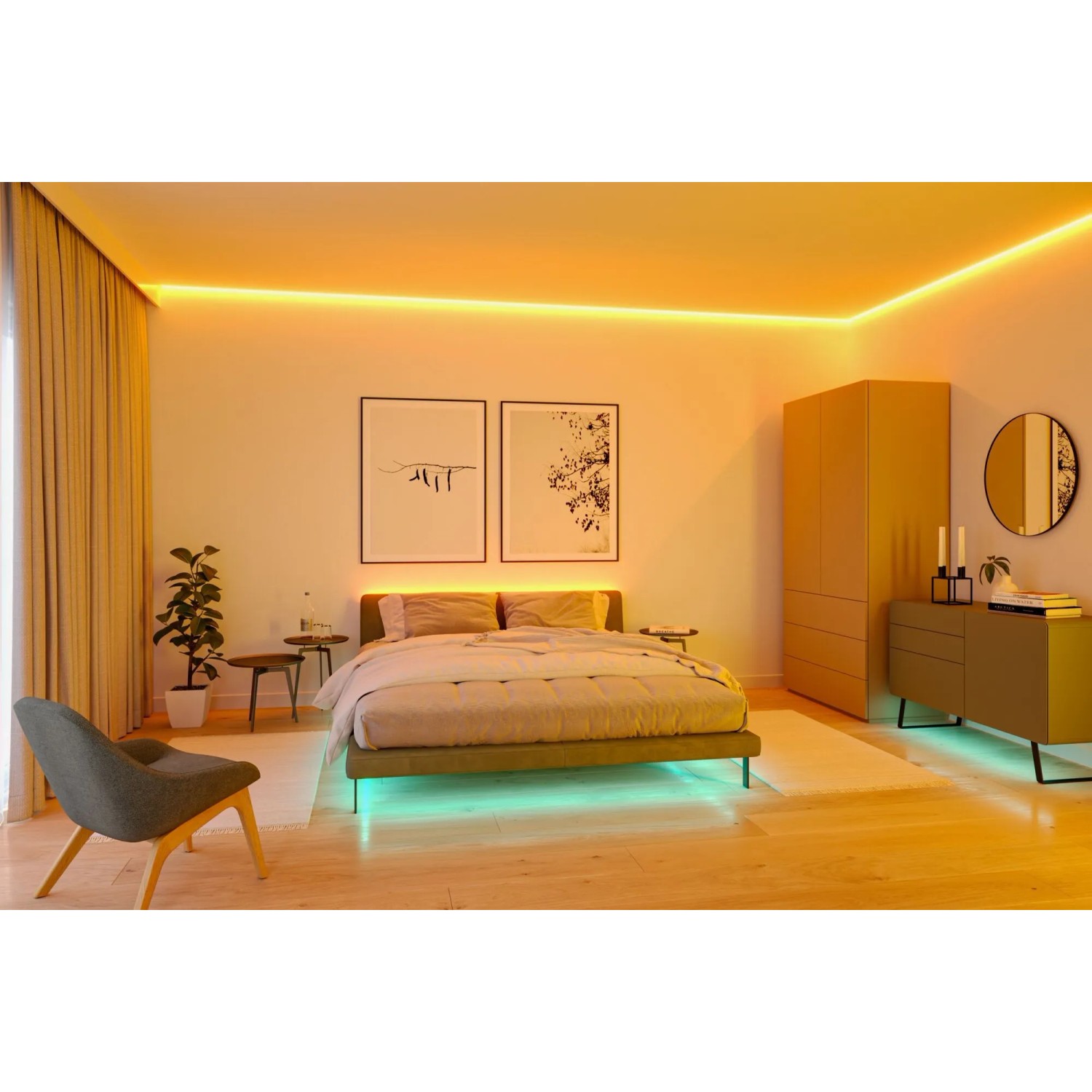 Schlafzimmer mit Paulmann MaxLED RGBW LED-Streifen an Decke und Bett, für kreative Lichtgestaltung.