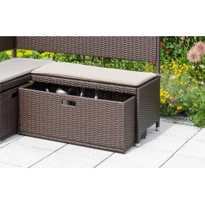 Braune Polyrattan Unterschiebbox (49x95x40 cm) für eine 3-Sitzer Garten-Eckbank. Stauraum für Balkonmöbel.