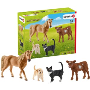 Schleich Farm World Starter-Set mit Pferd, Kalb, Katze und Hund als Spielfiguren.