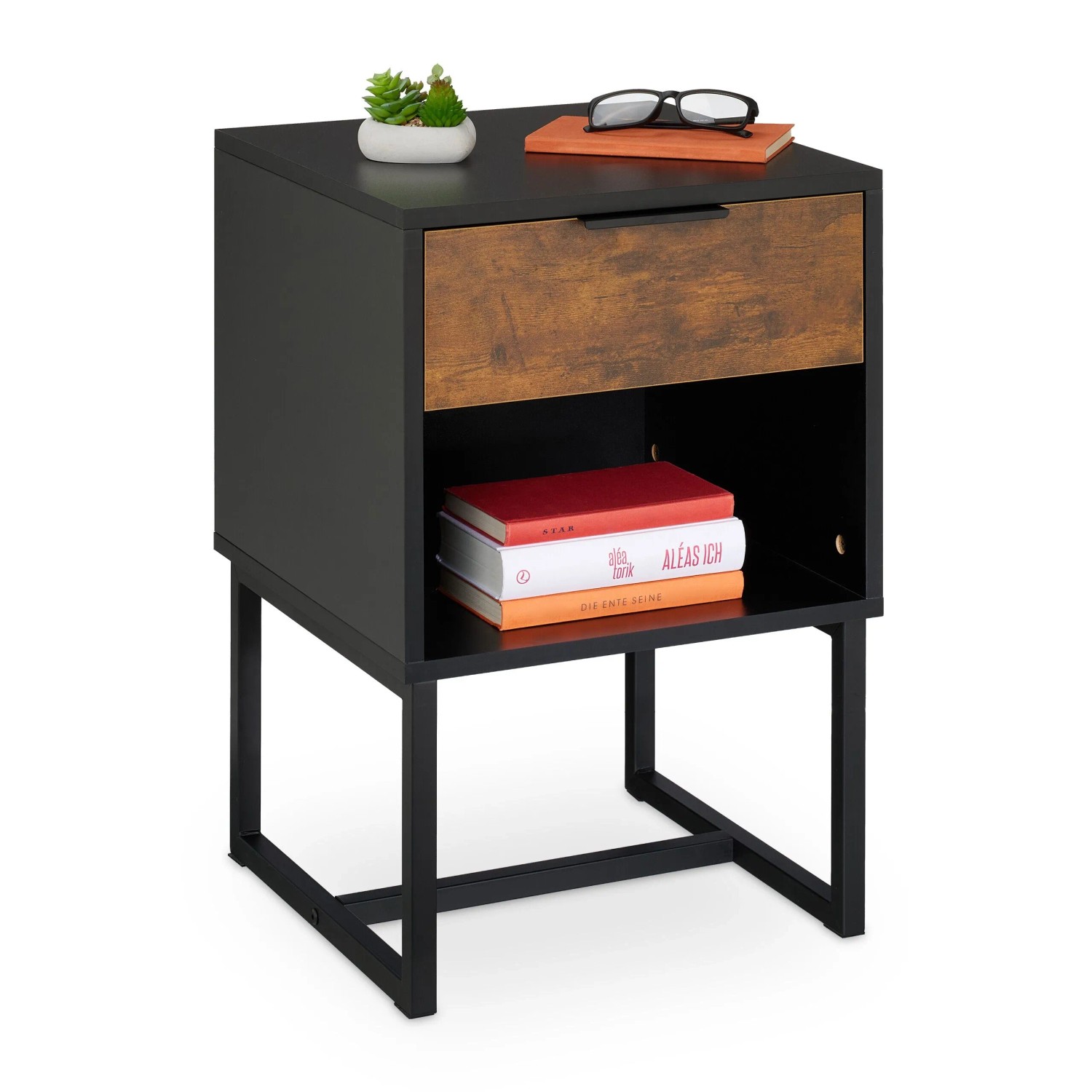 Relaxdays Nachttisch Holzwerkstoff Eisen Schwarz mit Schublade 60,5 cm x 40 cm x 41,5 cm 9,4 kg