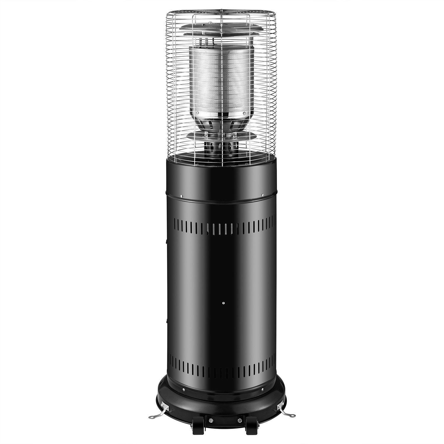 Schwarzer Juskys Gasheizer Cuna mit Schutzgitter für Terrasse und Balkon.