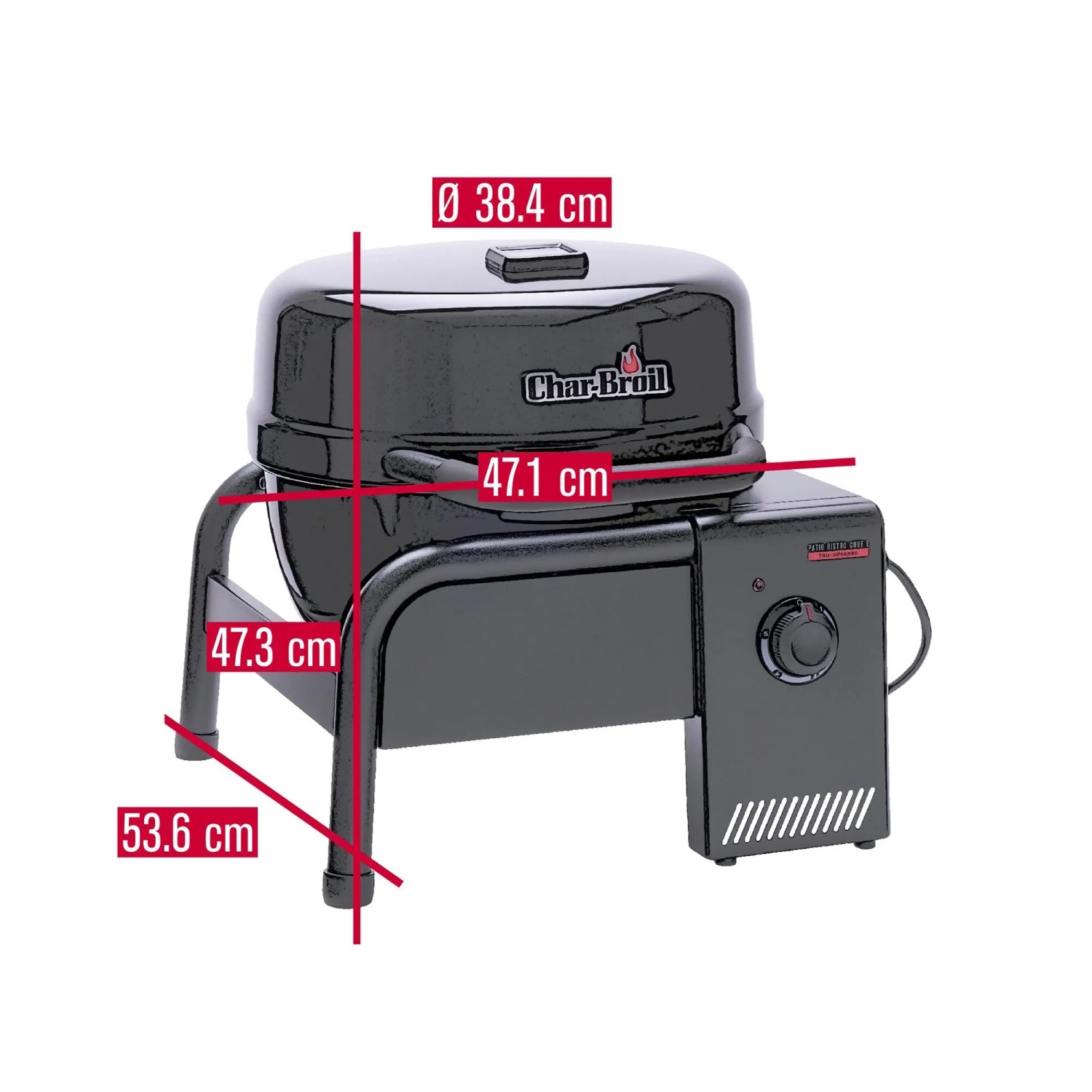 Schwarzer, mobiler Char-Broil Elektrogrill Patio Bistro Cube E mit Maßangaben.