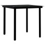 Schwarze 5-tlg. Garten-Essgruppe: Tisch mit Glasplatte und 4 Stühle aus Rattan und Stahl.