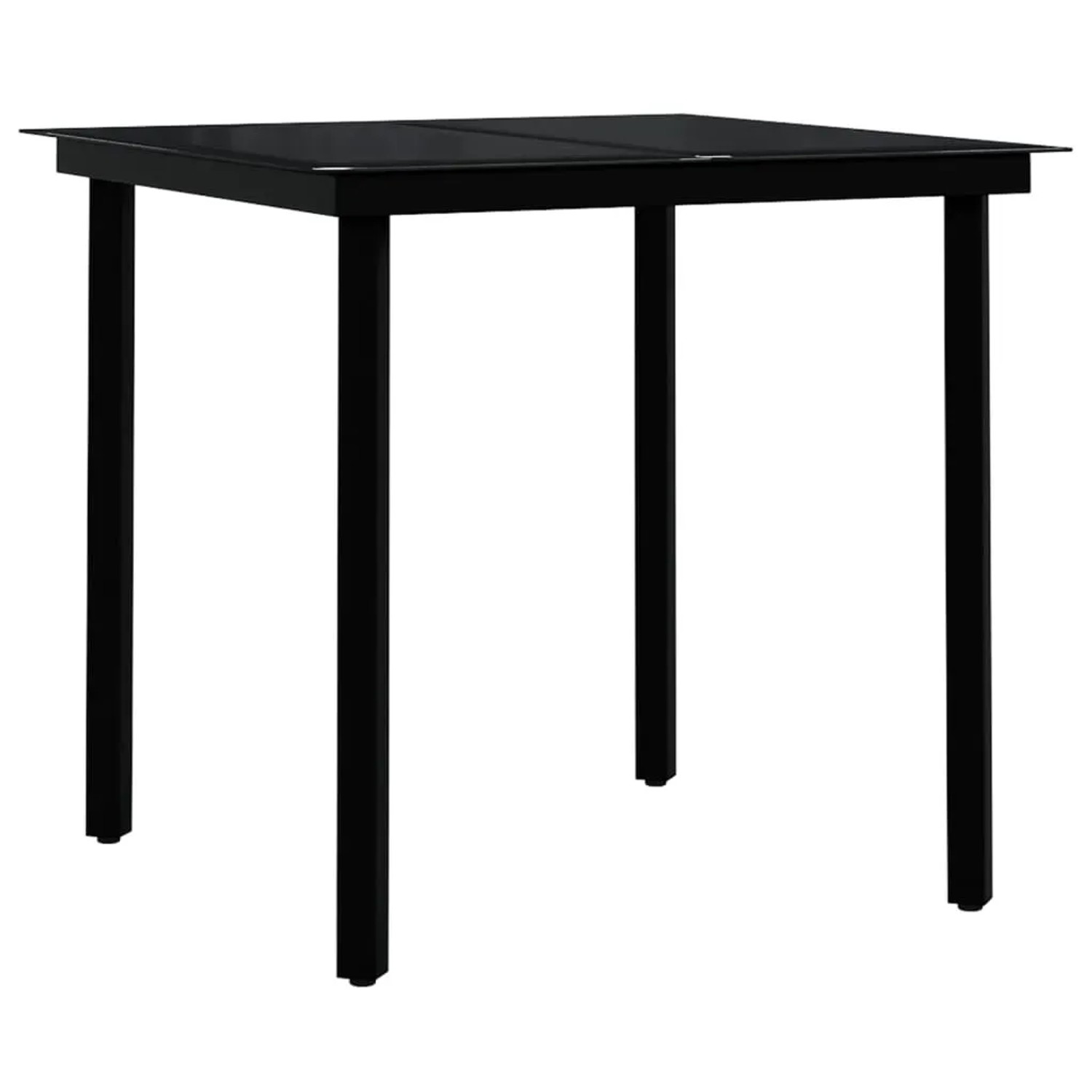 Schwarze 5-tlg. Garten-Essgruppe: Tisch mit Glasplatte und 4 Stühle aus Rattan und Stahl.