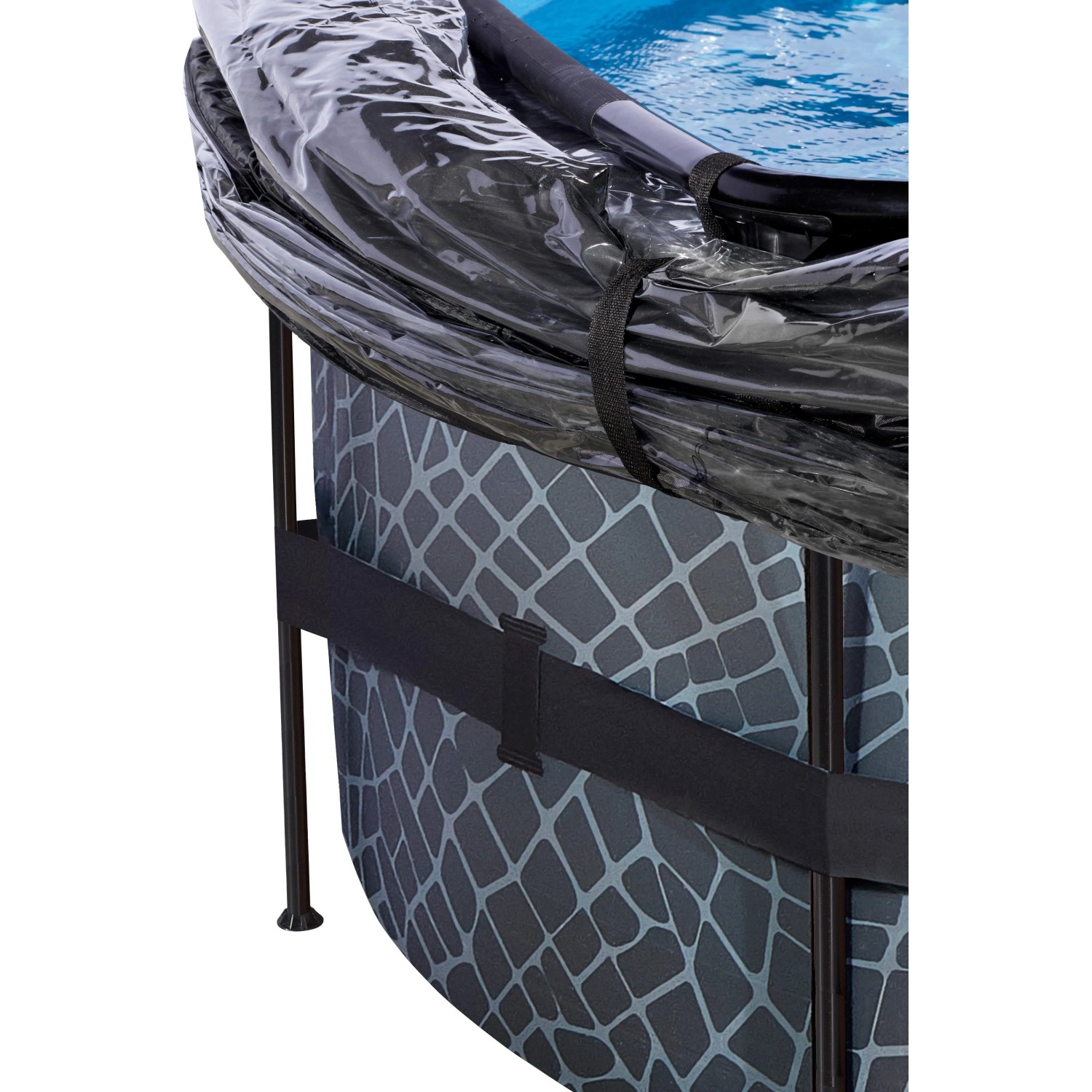 Detailansicht EXIT Stone Pool grau mit Abdeckung und Steinmuster.