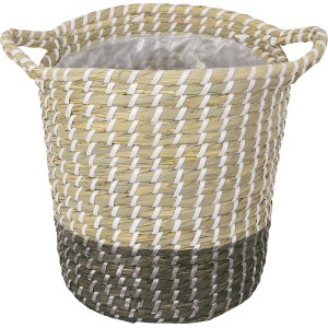 Natur-grauer Pflanzkorb aus Seegras, Ø 28 cm, mit Griffen. Ideal als Übertopf für Pflanzen im Innenbereich.