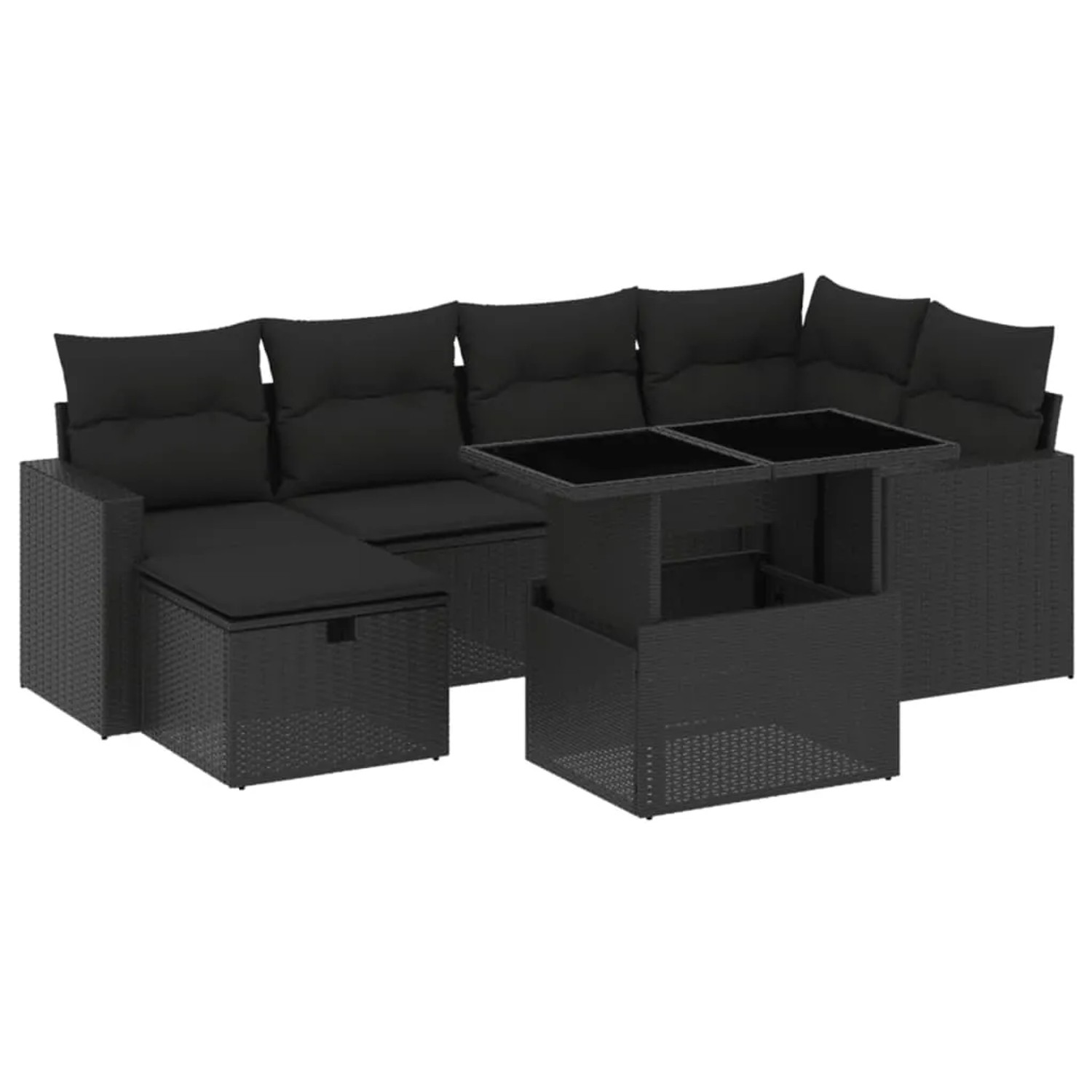vidaXL 7-Tlg Garten-Sofagarnitur mit Kissen Schwarz Poly Rattan 3274815