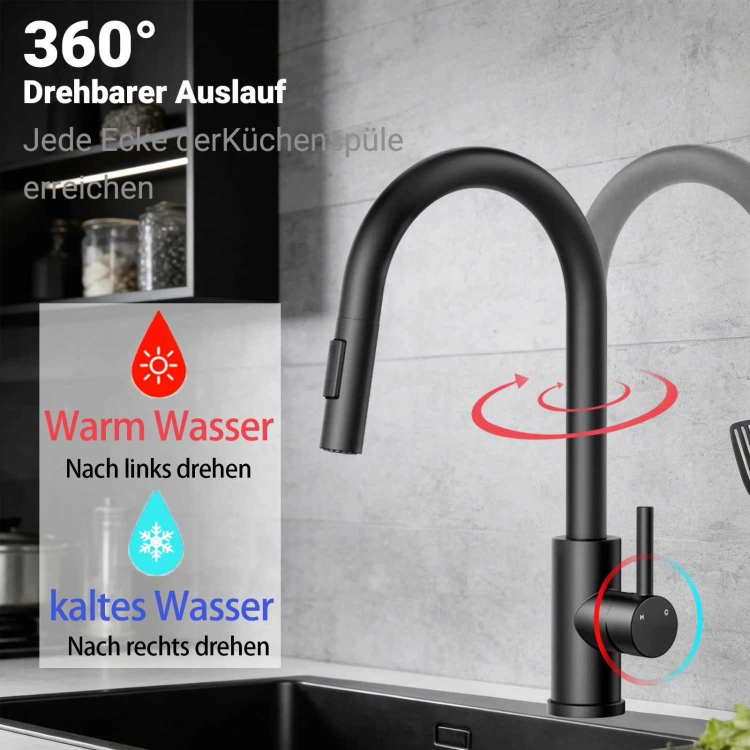 AICA Küchenarmatur, Hochdruck, ausziehbar, schwarz matt, 360° drehbar.