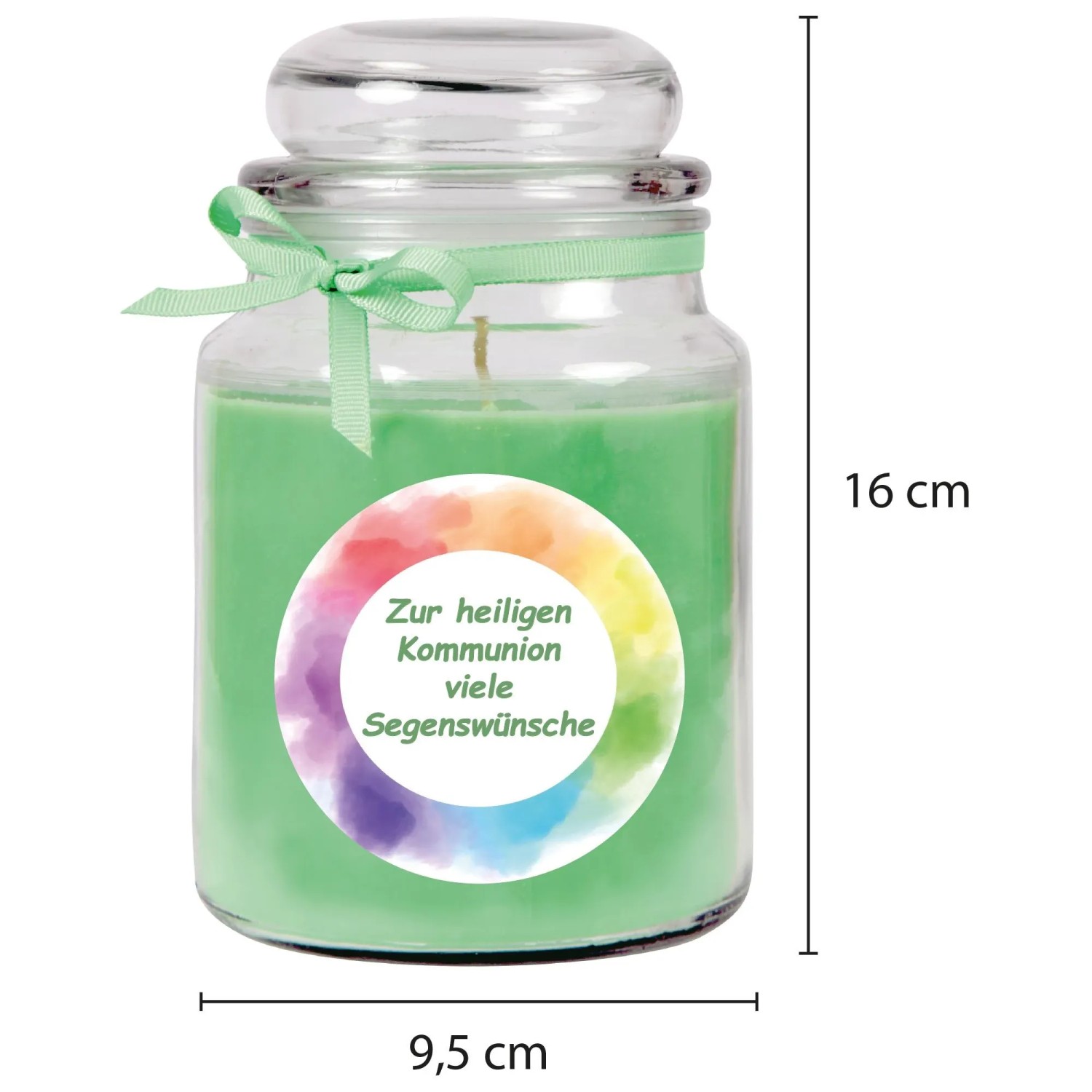 Grüne Duftkerze im Bonbonglas mit Kommunion-Aufdruck und Kokosduft.