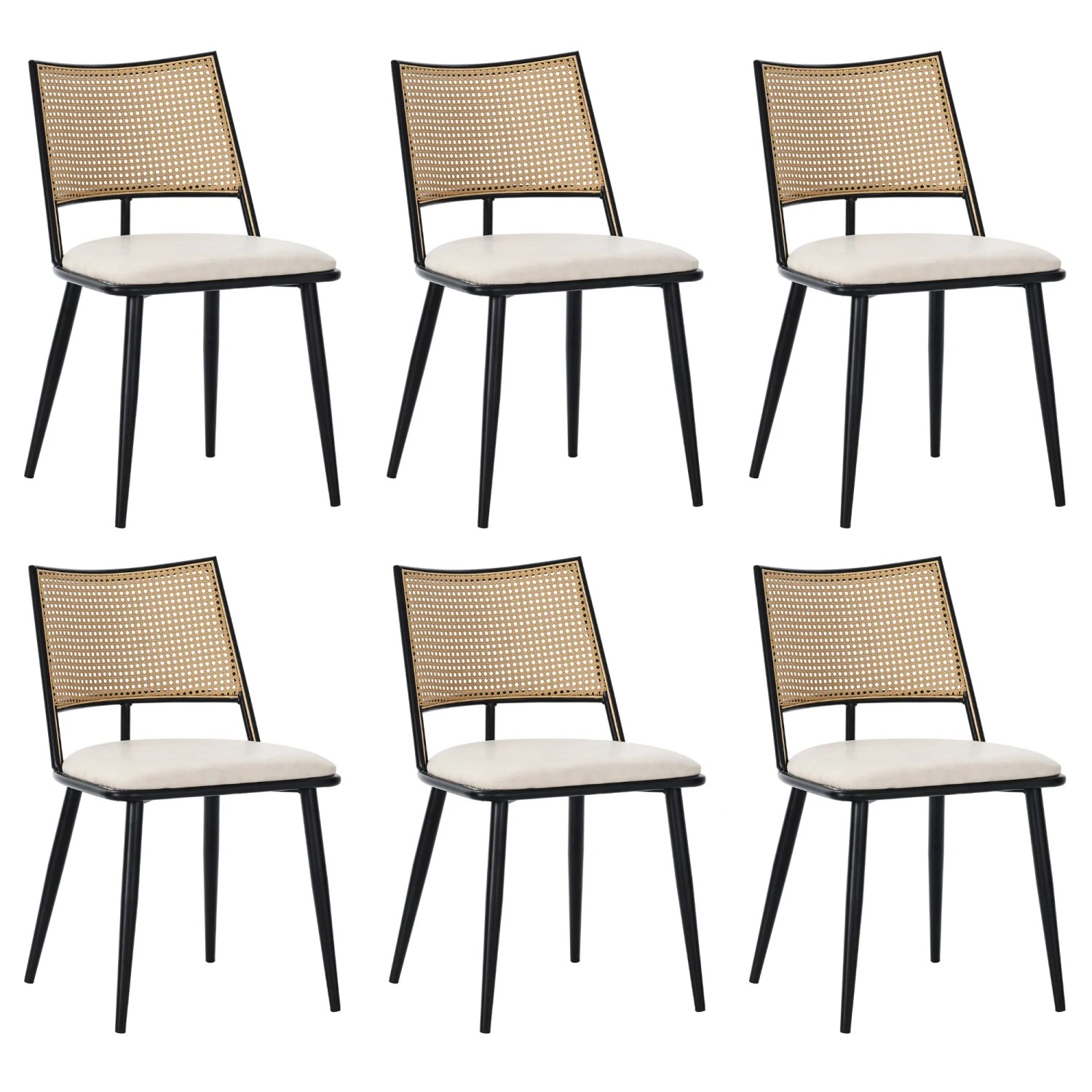 Merax Esszimmerstuhl 6er Set PU Sitz Rattan Rückenlehne Schwarz
