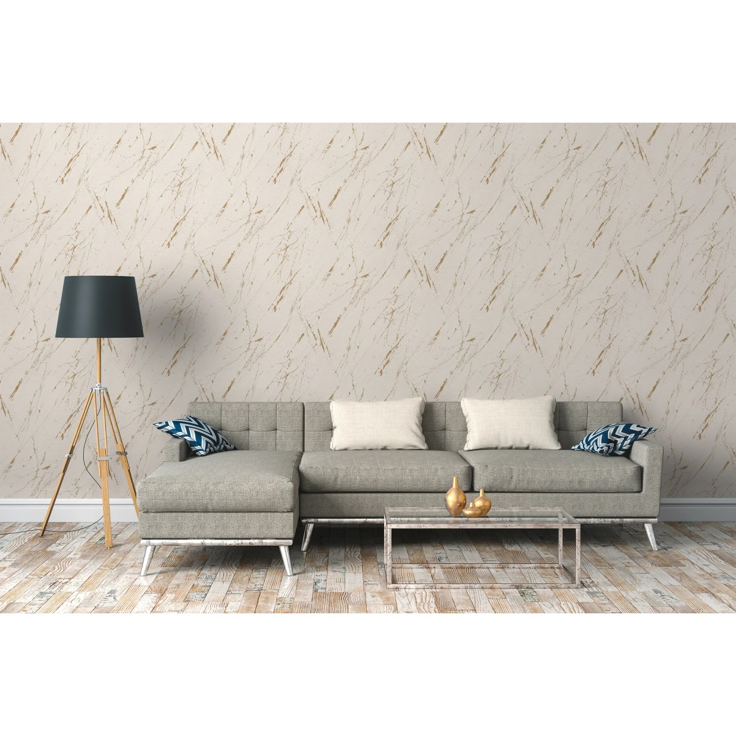 A.S. Création Vliestapete in Beige-Gold mit Marmoroptik im Wohnraum.