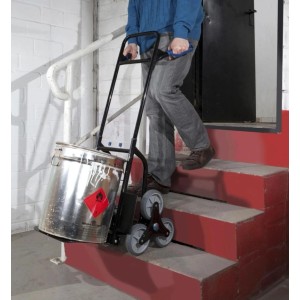 Westfalia Treppen-Sackkarre mit Fass auf Treppe, klappbar, 120 kg Tragkraft, ideal für Werkstatt.