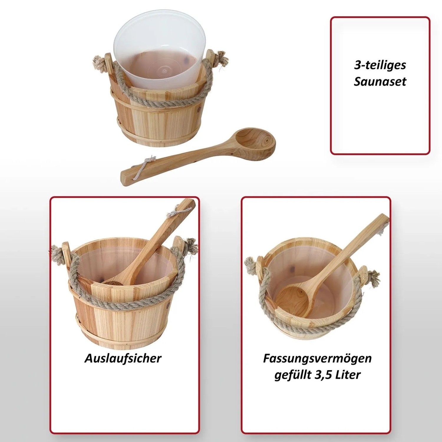 3-teiliges Saunaset: heller Kiefernholz Saunakübel mit 3,5 L Kunststoffeinsatz und Saunakelle. Auslaufsicher.