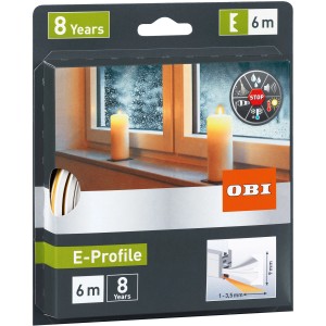 Verpackung der weißen OBI Türdichtung/Fensterdichtung aus Gummi E-Profil, 6m lang.