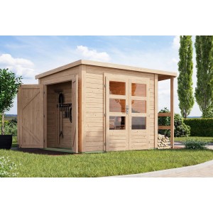 Karibu Gartenhaus mit Schrank und Anbaudach aus naturbelassenem Holz, Frontansicht.