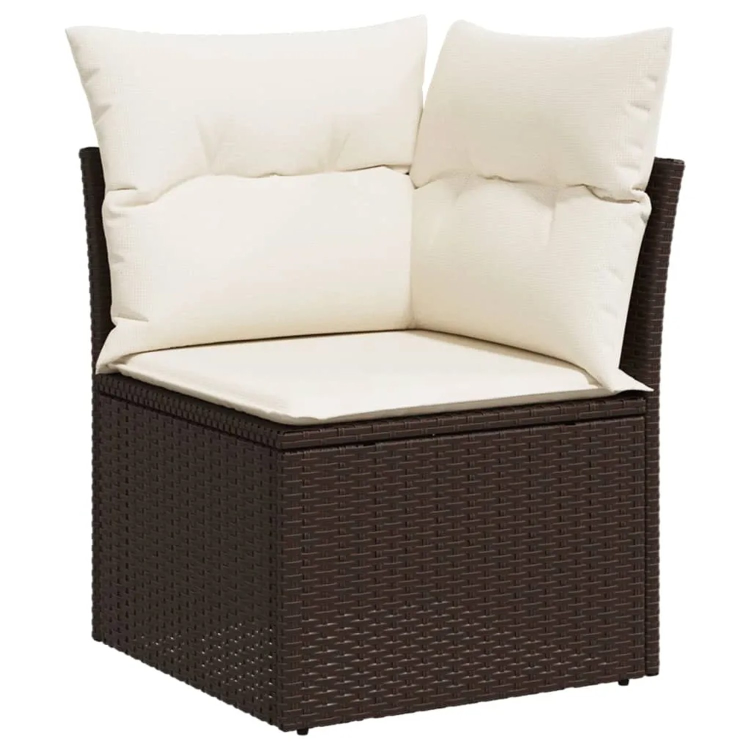 Braunes vidaXL Garten-Ecksofa aus Rattan mit cremeweißen Kissen als Teil einer 5-tlg. Garnitur.
