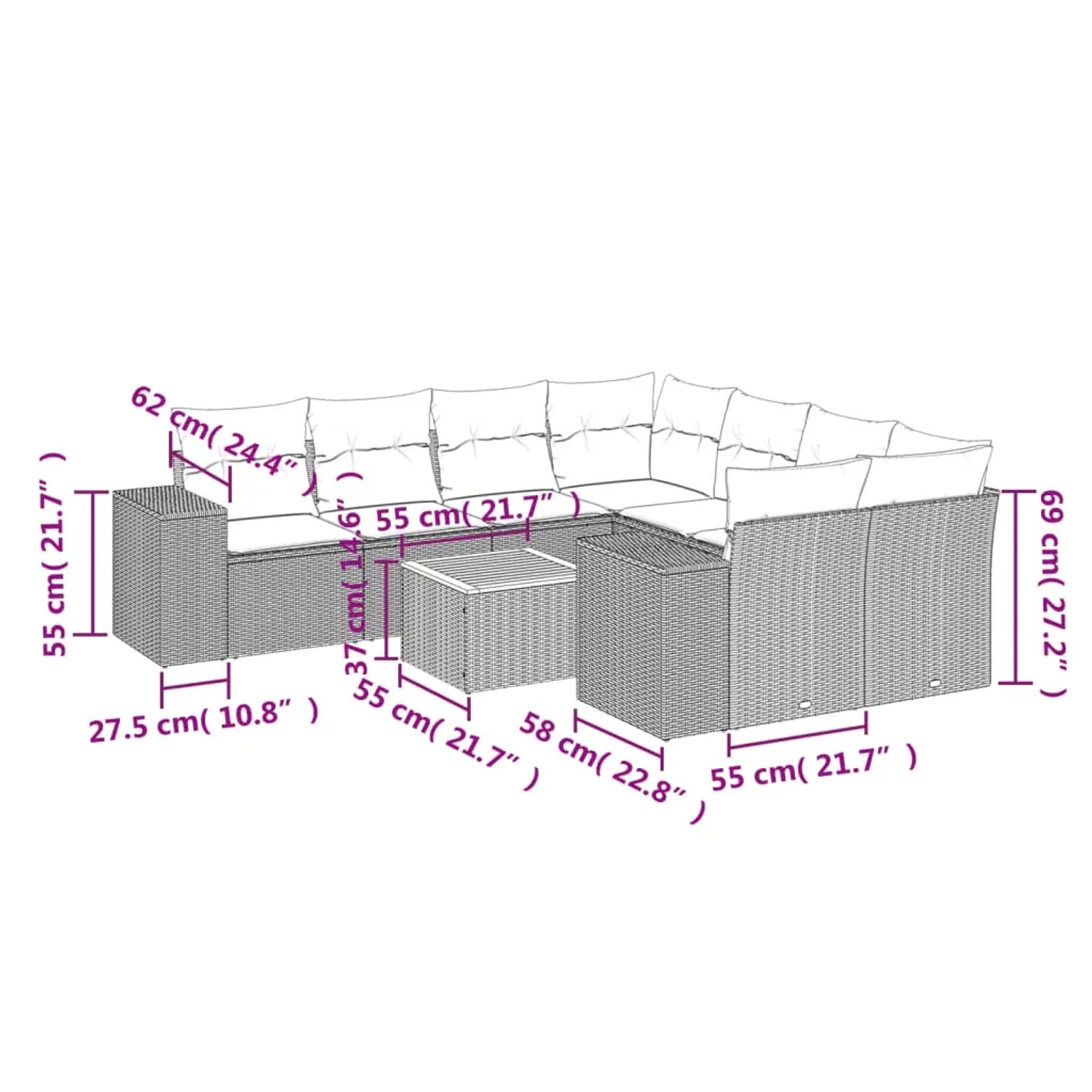 Beige 9-teilige Garten Sofagarnitur aus Polyrattan mit Kissen und Tisch. Gartenmöbel für Terrasse und Garten.