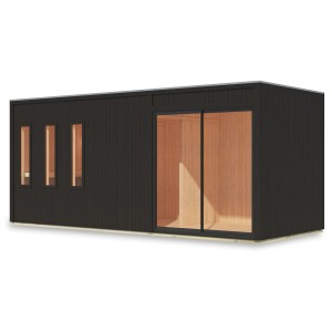 Karibu Saunahaus Huelva Schwarz mit Schiebetür und drei Fenstern.