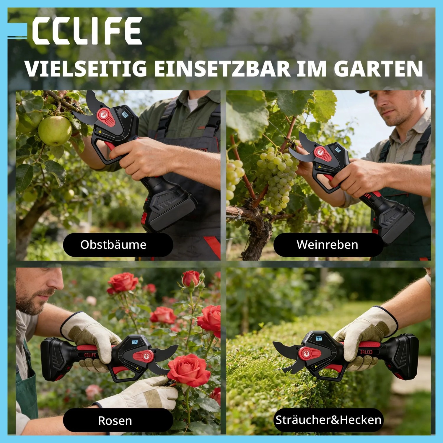 CCLIFE Akku Astschere 40mm schneidet Äste, Weinreben, Rosen, Sträucher. Kabellose Gartenschere mit SK5 Klingen.