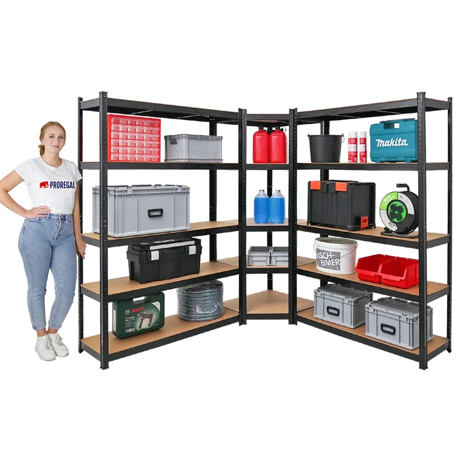 PROREGAL Mega Deal: Eckregal & 2 Schwerlastregale Ragnar, 180x190x40 cm, schwarz, mit Lagergut.