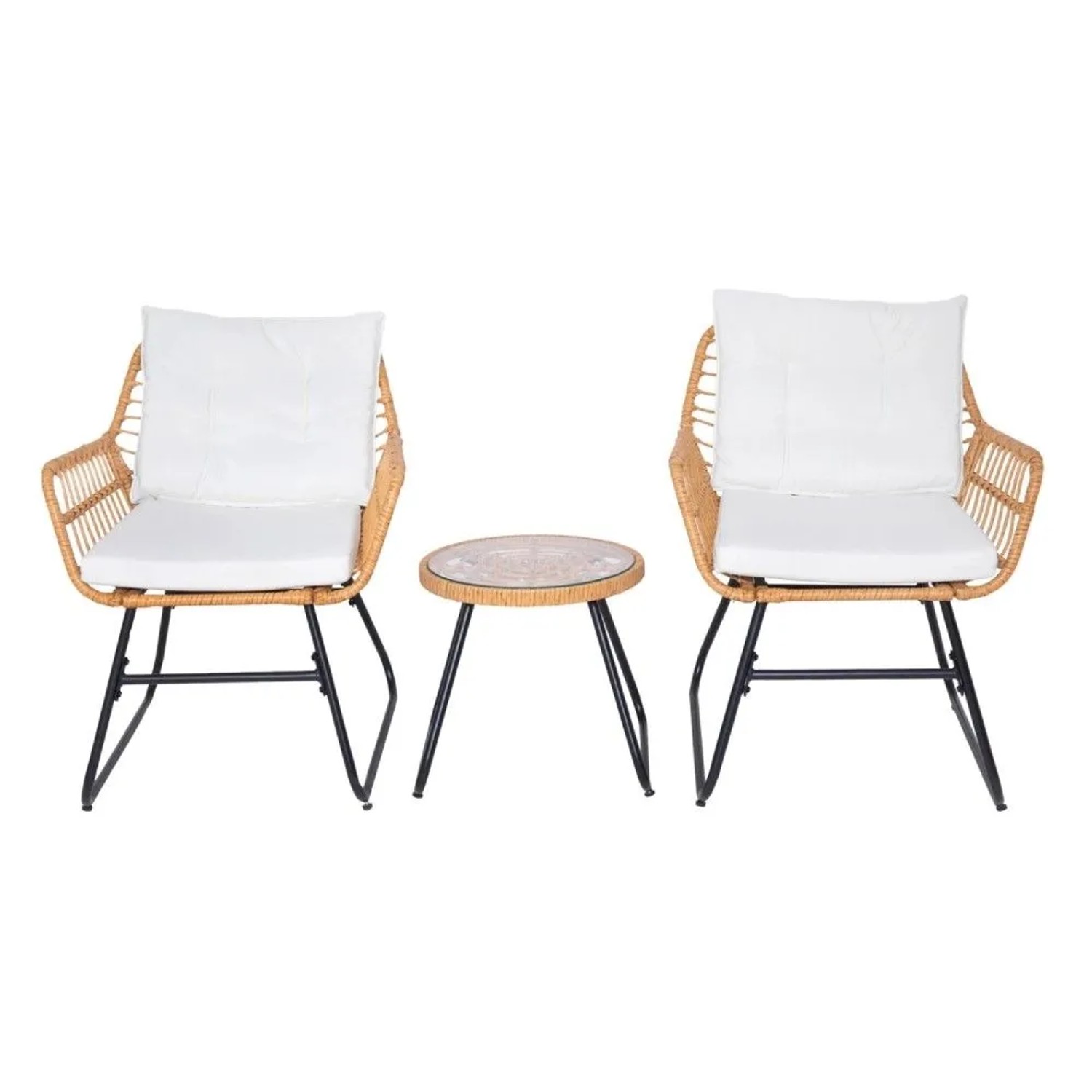 Svita Amalfi Rattan Sitzgruppe Natur: 2 Stühle mit weißen Kissen, runder Tisch. Ideal für Balkon & Garten.