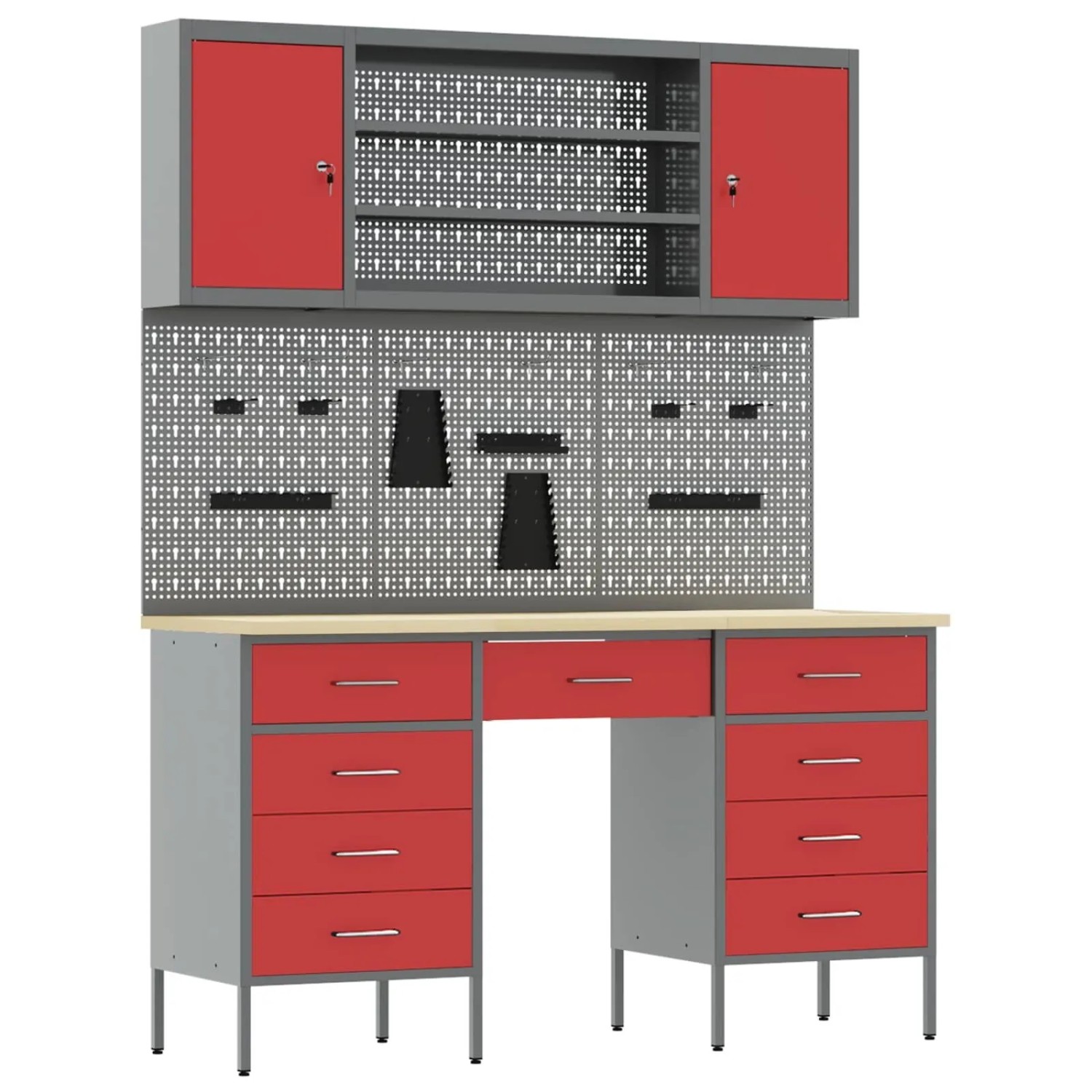 vidaXL Werkbank mit Schubladen 8-Tlg Rot Ingenieure Holz und Stahl 3321461