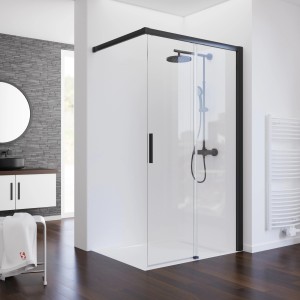 Schulte Walk In Schiebetür, 100x200 cm, Mattschwarz, mit Duscharmatur im modernen Badezimmer.