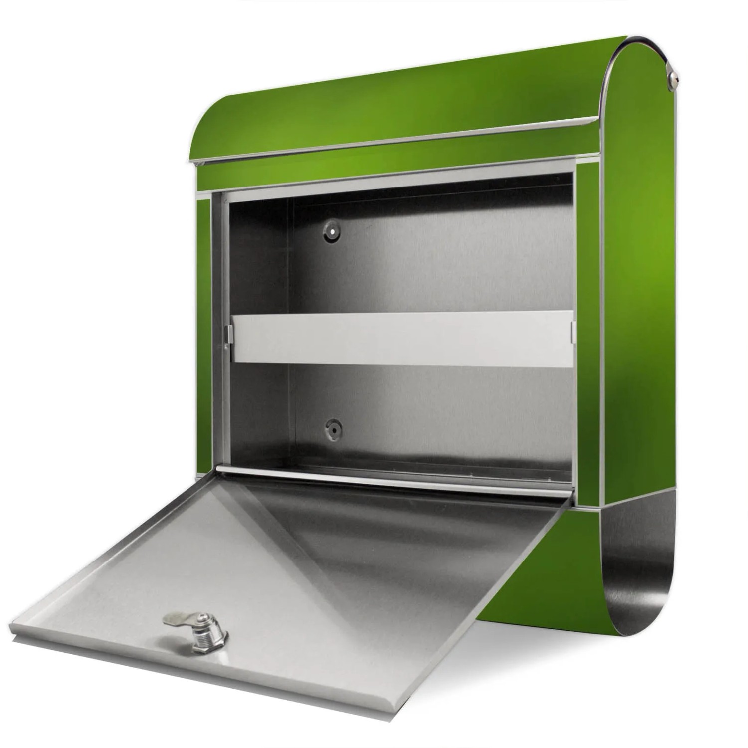 Offener, grüner Banjado Edelstahl Briefkasten mit Zeitungsfach und Vogel Motiv.